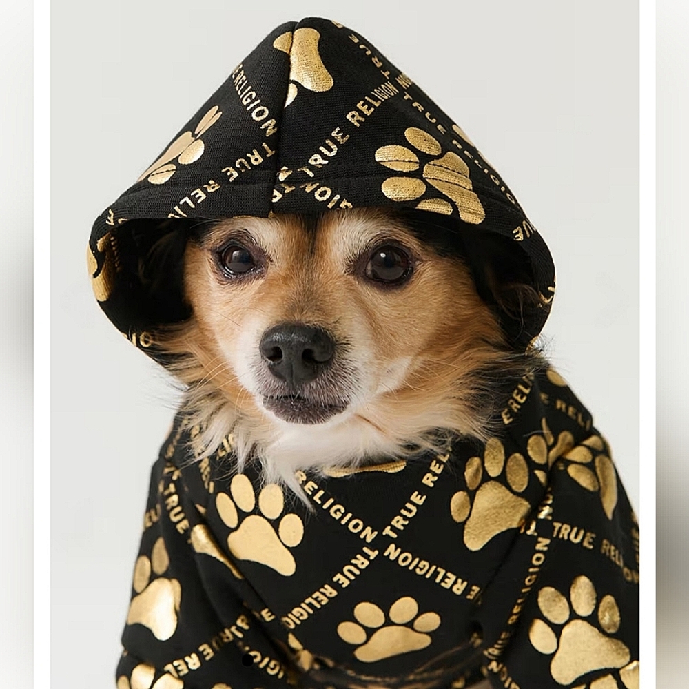 NWT True Religion "Metallic Paw Logo Pet Hoodie" Black Gold Dog Outfit Size XL